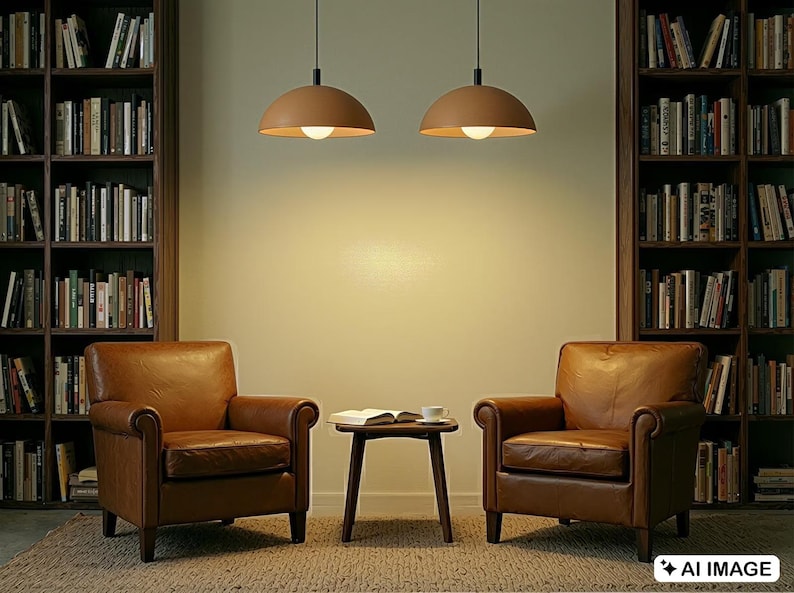 May include: Two brown leather armchairs face each other in a library setting, with a small table between them. Two pendant lights hang above. Bookshelves filled with books flank the chairs. A rug covers the floor.