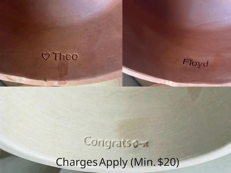 May include: A composite image showing three ceramic bowls. Two bowls are reddish-brown with the names Theo and Floyd stamped into the interior. The third bowl is off-white with the word Congrats stamped into the interior surface.