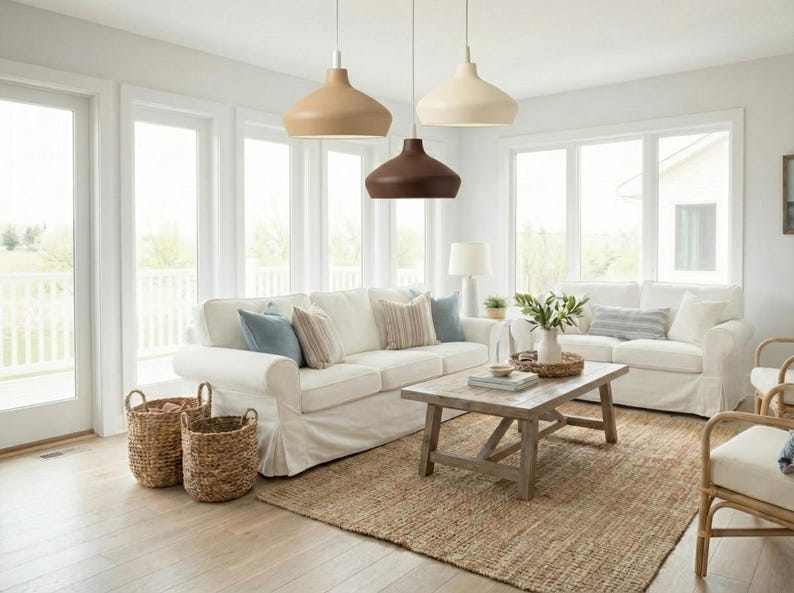 May include: Three pendant lights with smooth, bell-shaped shades in tan, cream, and dark brown, suspended from the ceiling. These fixtures feature a matte finish and hang at varying heights above a living room seating area with white sofas.