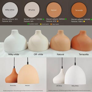 May include: A collection of four dome-shaped pendant light shades in milky white, off-white, natural, and terracotta colors. The image includes color swatches labeled with Sherwin Williams and Pantone codes, and side-by-side comparisons of the shades.
