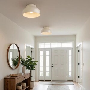 A bright, well-lit hallway with white walls and a light wood floor. Two white, dome-shaped ceiling lights illuminate the space. A wooden console table with a round mirror and potted plants adds a touch of warmth to the entryway.