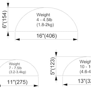 May include: Technical drawing showing three semi-circular shapes with dimensions and weight specifications. The largest shape is 16 inches (406 mm) wide, 6 inches (154 mm) high, and weighs 4-4.5 lbs (1.8-2 kg).