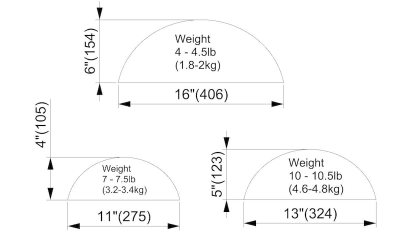 May include: Technical drawing showing three semi-circular shapes with dimensions and weight specifications. The largest shape is 16 inches (406 mm) wide, 6 inches (154 mm) high, and weighs 4-4.5 lbs (1.8-2 kg).