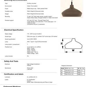 May include: A Naaya Davida Luminaire specification sheet featuring a dark brown pendant light, a technical diagram with width and height labels, and a weight and dimension table listing models 13, 16, and 19 with measurements in inches and pounds.