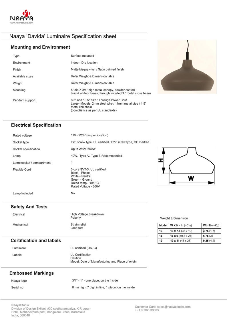 May include: A Naaya Davida Luminaire specification sheet featuring a dark brown pendant light, a technical diagram with width and height labels, and a weight and dimension table listing models 13, 16, and 19 with measurements in inches and pounds.