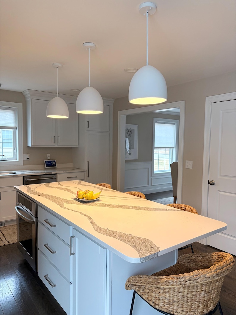 Naaya Dome white clay ceramic pendant lights three over kitchen island dining room open plan handmade satin matte plug in hardwired Naaya