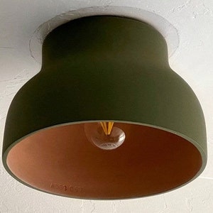 Olive green ceiling light fixture with a terracotta-colored interior. The light has a rounded, bell-like shape and a visible lightbulb. The fixture is mounted on a white ceiling.