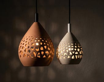 Sculptural Ceramic Pendant Light, Pattern Cutwork Modern Home Fixture (Hardwired/Plug-In)