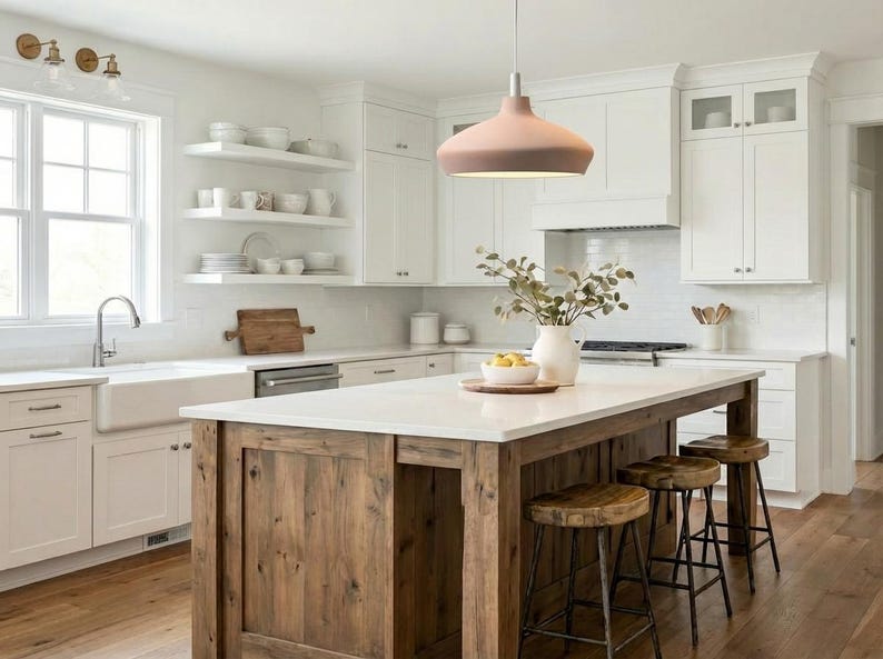 May include: A kitchen featuring white cabinetry, a farmhouse sink, and a large wooden island with a white countertop. Three wooden stools with metal legs are tucked under the island. A matte pink pendant light hangs above the island.