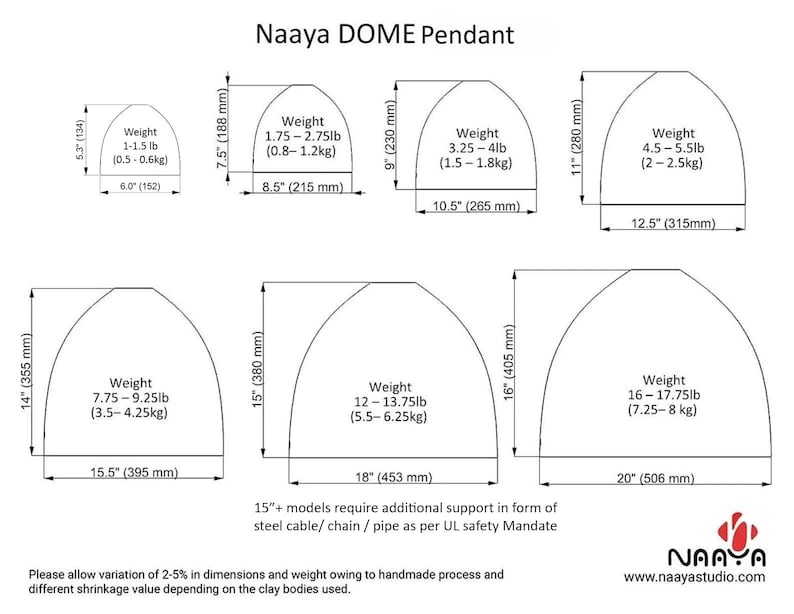 Naaya Dome ceramic pendant light size guide all sizes kitchen island dining table dimensions chart terracotta white clay handmade Naaya Studio