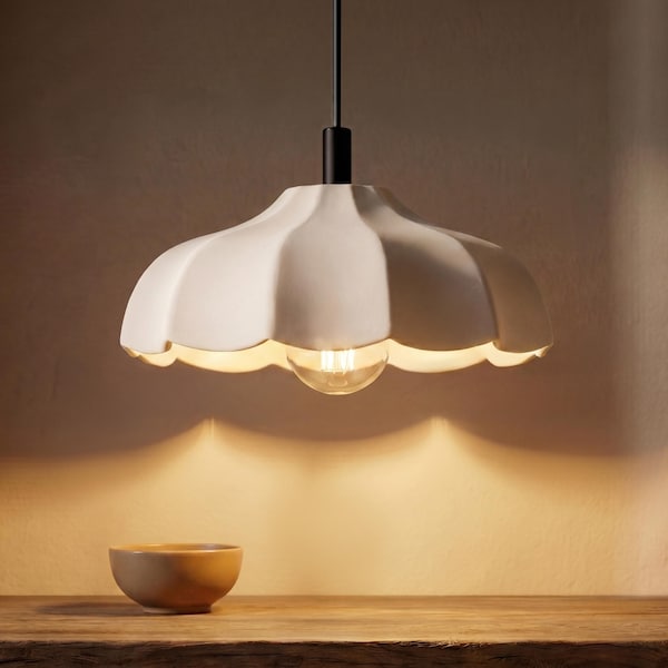 Sculptural Floral Ceramic Pendant Light, Mid Century Hanging Lamp, Terracotta or White Clay, Plug In or Hardwired - Naaya DAHLIA
