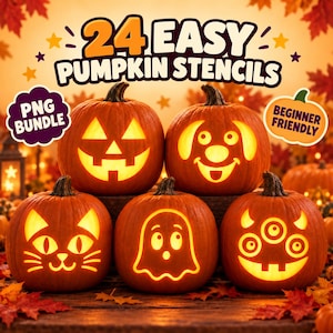 Pode incluir: Um gráfico digital apresentando 24 Easy Pumpkin Stencils PNG Bundle. Cinco abóboras laranja estão esculpidas com rostos brilhantes: uma abóbora de Halloween, um cão, um gato, um fantasma e um monstro de três olhos.