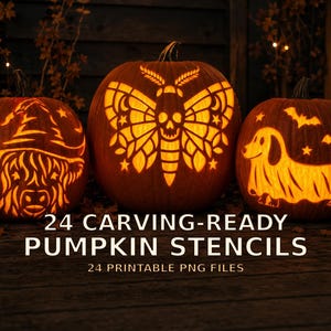 May include: Three orange pumpkins with glowing carved designs including a highland cow wearing a witch hat, a moth with a skull pattern, and a dog wearing a ghost sheet with bats. Text reads 24 CARVING-READY PUMPKIN STENCILS 24 PRINTABLE PNG FILES.