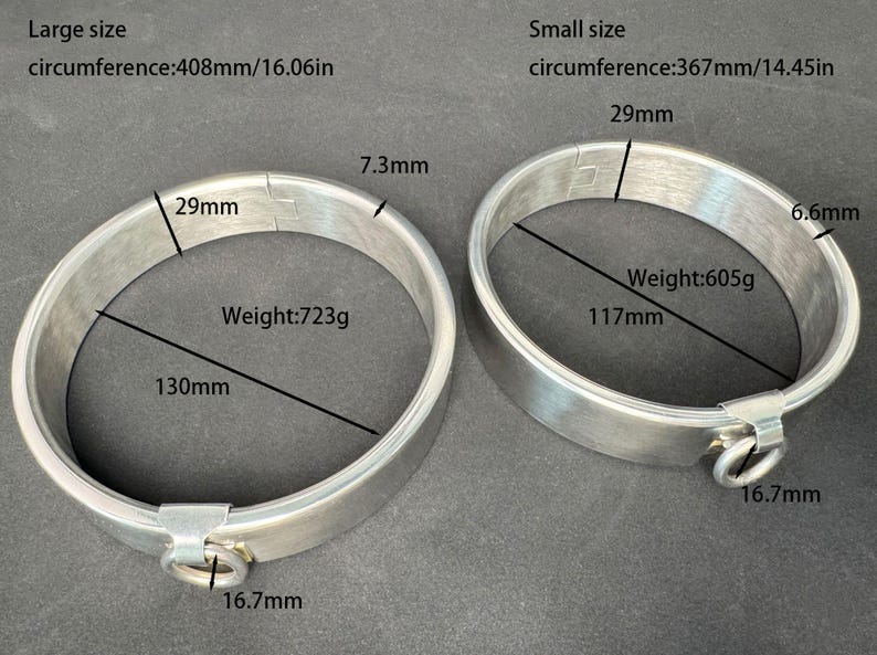 May include: Two silver-toned metal collars with attached rings. Large size: 16.06in circumference, 130mm diameter, 7.3mm width, 29mm height, 723g weight. Small size: 14.45in circumference, 117mm diameter, 6.6mm width, 29mm height, 605g weight.