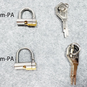 Puede incluir: Dos pequeños candados plateados con mecanismos de cierre dorados y llaves a juego. El texto "5mm-PA" y "3mm-PA" está impreso en la imagen. Las llaves tienen un anillo en la parte superior para sujetar.