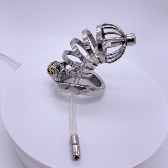 Cage de chasteté masculine longue Cage à bite en acier inoxydable  Dispositifs de chasteté faciles à métal Contraintes de pénis pour hommes  avec cathéter -  France