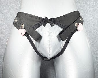 Sissy Training THONG Rose and Black, Chastity Panties, Anti-Falling Harness for Male Chastity Cage With Love padlock
