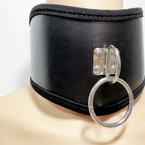 May include: A black leather collar with a wide band and a silver metal ring. The collar has a padded interior and a silver metal ring attached with a metal plate. The collar is designed to be worn around the neck.
