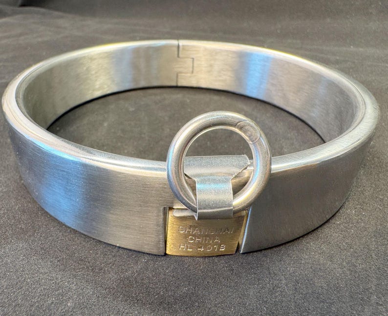 May include: A circular silver-toned metal collar featuring a brushed finish and a hinged closure. A central brass-colored padlock is integrated into the front, displaying the text SHANGHAI CHINA HL 401B, and includes a circular metal ring attachment.