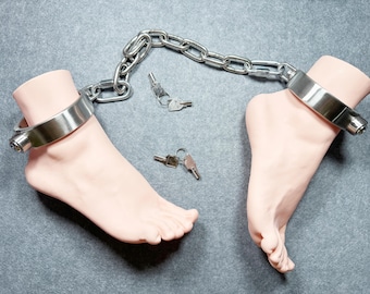 Ankle Stainless Steel Wide Locking Ankles Restraint Cuffs w/ D-Ring Hinged Owned BDSM Anklet Bondage Sub Submissive Lock -Laser Engraved