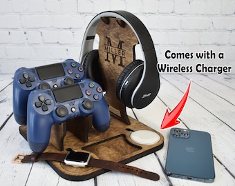 Wireless headphone and controller stand, Tech Gifts, Headset Holder, Gamer Gifts, Father’s Day Gift, Wireless charging pad is included!