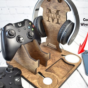 Soporte inalámbrico para auriculares y controlador, regalos para jugadores, regalo para esposo, regalo de cumpleaños, regalo del día del padre, almohadilla de carga inalámbrica incluida.