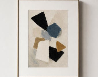 Minimalistyczny, abstrakcyjny, oryginalny obraz ścienny, wydruk artystyczny, neutralny, geometryczny, nowoczesny, beżowy, czarny, niebieski, współczesny wystrój domu