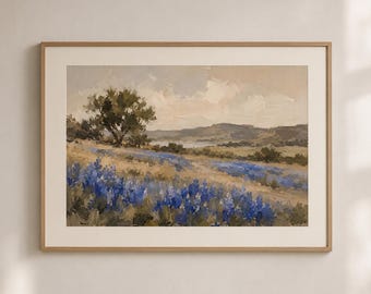 Texas landschap origineel schilderij Art Print Texas Bluebonnet olieverfschilderij originele weide landschap muur kunst eiken boom en wilde bloemen kunst