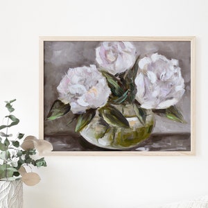 Flower Still Life Peony Art Print Moody Original Oil Painting Roses Vase Painting Neutral Farmhouse Decor. Boho Wall Art image 4