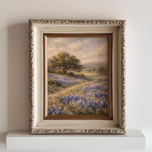 Lámina de campo de lupinos de Texas, pintura al óleo de paisaje de flores silvestres, arte rústico para pared de granja, prado campestre, decoración floral de la naturaleza