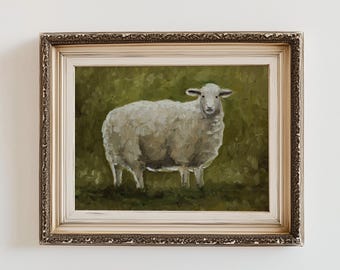 ヴィンテージの羊と子羊の油絵：田園風農家の壁アート、素朴な動物の