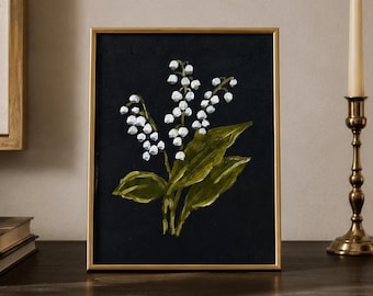 Print Lily of the Valley Original Oil Painting Art Poster Floral Artwork Spring White Flowers Moody Still Life Classic Oil Painting