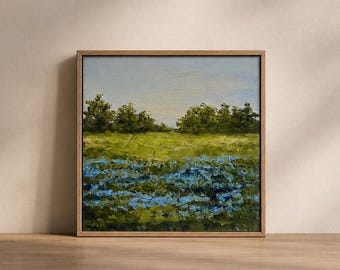 Pintura original de lupinos azules de Texas Hill Country, paisaje de flores silvestres de Texas, obra de arte de campo de lupinos azules, arte mural campestre