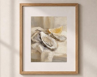 Oyster Lemon Print Original Oil Painting Still Life with Wine Classic Kitchen Wall Art Moody Dining Room Decor Food and Wine Artwork