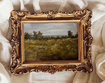 Original Oil Painting Moody Landscape Rustic Muted Rural Meadow Landscape Painting Farmhouse Wall Art