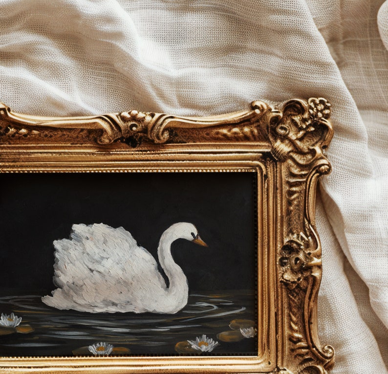 Dark Moody Swan Painting. Print. Original Oil Artwork with Water Lilies, Lake, and Lotus Animal Bird Wall Decor image 8