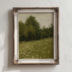 Daisy Field Original Oil Painting Poster Wildflower Meadow Countryside Landscape Wall Art, Soft Nature Farmhouse Wall Art Decor Poster