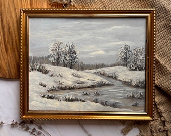 Oil Painting Original Winter Forest Snowy Mountain Landscape Oil Painting Pine Tree Forest with Oaks Artwork Montana Art River Oil Painting