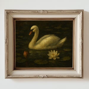 Swan Painting Print Original Oil Painting Dark Moody Artwork with Water Lilies, Lake, and Lotus - Animal Bird Wall Decor