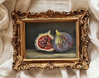 Original Oil Painting with Figs Moody Fruit Still Life French Farmhouse Artwork Food Fruit Still Life Oil Painting Rural Art