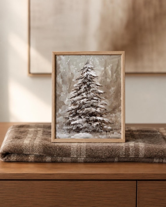 Christmas Tree Wall Art Print, Winter Landscape Art, Snowy Evergreen Painting, Cozy Christmas Decor, Rustic Holiday Wall Art