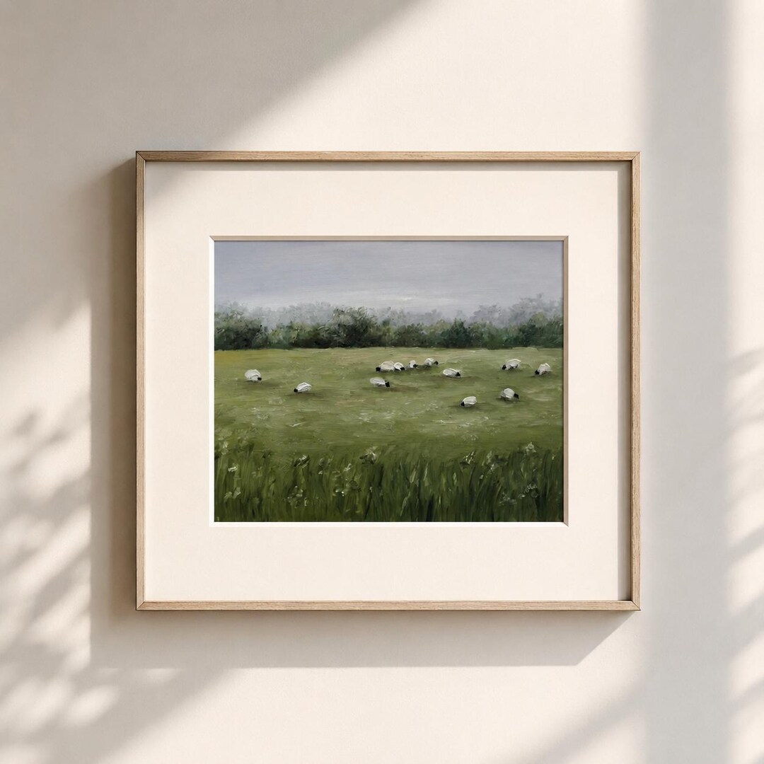 羊の牧草地プリント、素朴な農場の風景壁画、緑の牧草地の絵画プリント