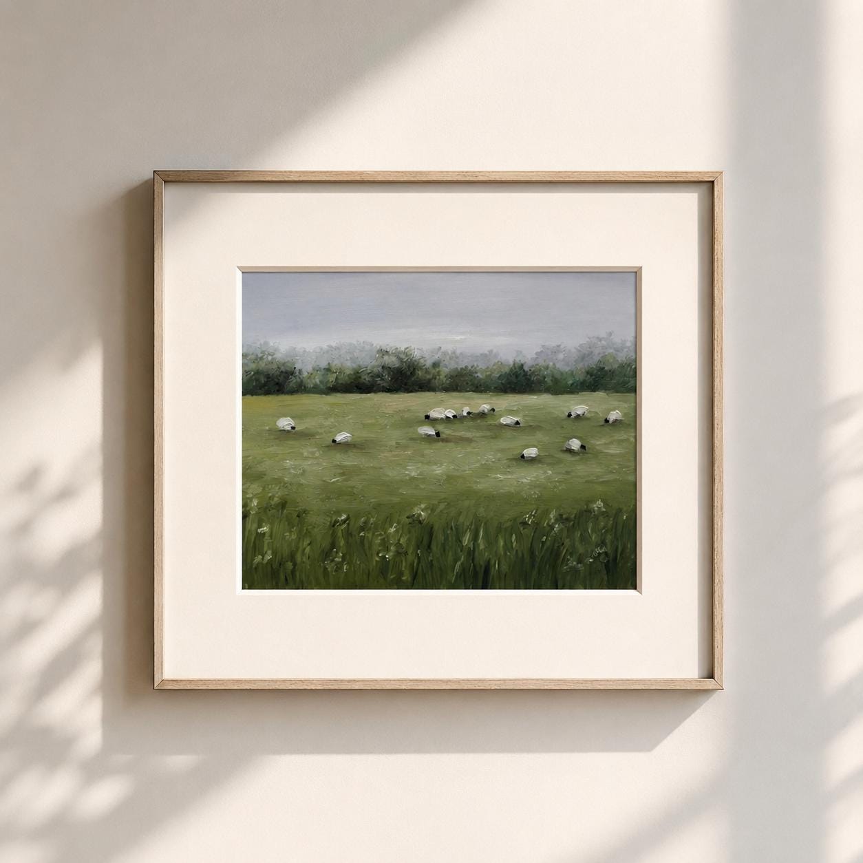 羊の牧草地プリント、素朴な農場の風景壁画、緑の牧草地の絵画プリント