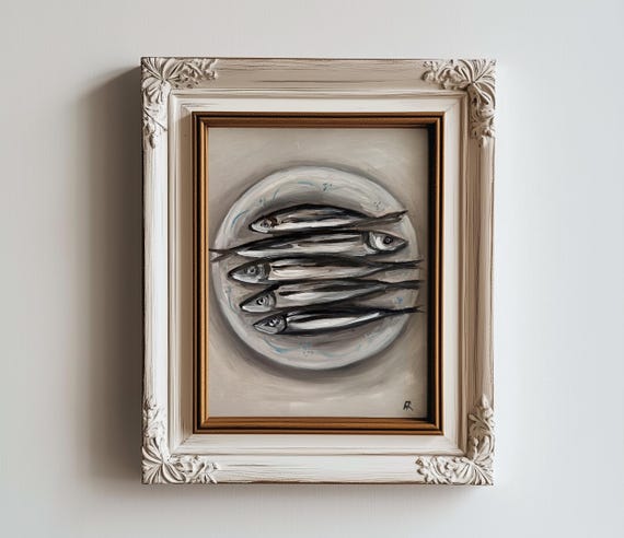 Sardines Print Oil Painting Original Still Life Food Art Poster Fish Moody Oil Painting Farmhouse French Kitchen Wall Art Home Decor Gift