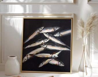 Sardine Art Print Fish Original Oil Painting Moody Still Life French Kitchen Art Farmhouse Home Decor Gift