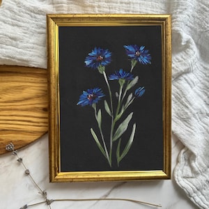 Cornflower Painting Cornflower Art Print Wildflower Artwork Stylized Flower Art Moody Provence Calming Delicate Tiny Flower Art Original