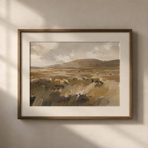 Schaf-Weide-Landschaftsdruck, Neutrale Bauernhaus-Wandkunst, abstrakte impressionistische Malerei, Erdton-Dekor, rustikale Landschaft