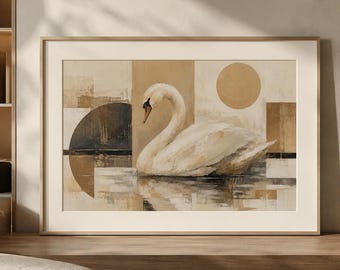 Neutral Swan Print Wall Art, Original Painting, Japandi Beige Abstract Bird Artwork, Organic Modern Decor, Quiet Living Room Poster