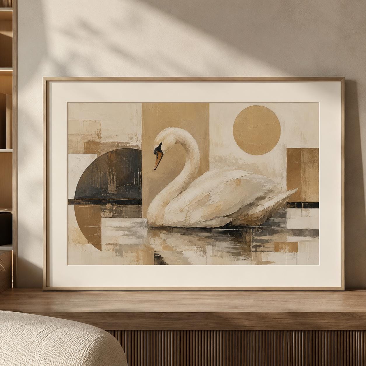 Neutral Swan Print Wall Art, Original Painting, Japandi Beige