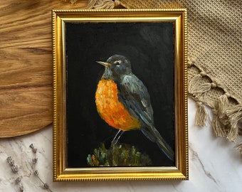 Robin Oil Painting Original Bird Lover Gift Artwork Animal Painting Bird Wall Art Home Decor Moody Bird Wall Decor Moody Animal Art